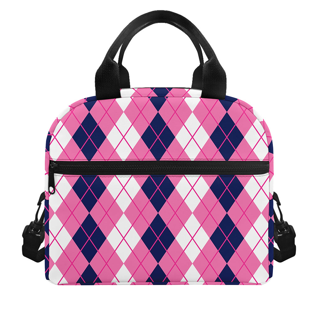 Pink White And Blue Argyle Pattern Print Insulated Lunch Bag