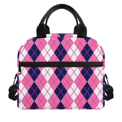 Pink White And Blue Argyle Pattern Print Insulated Lunch Bag