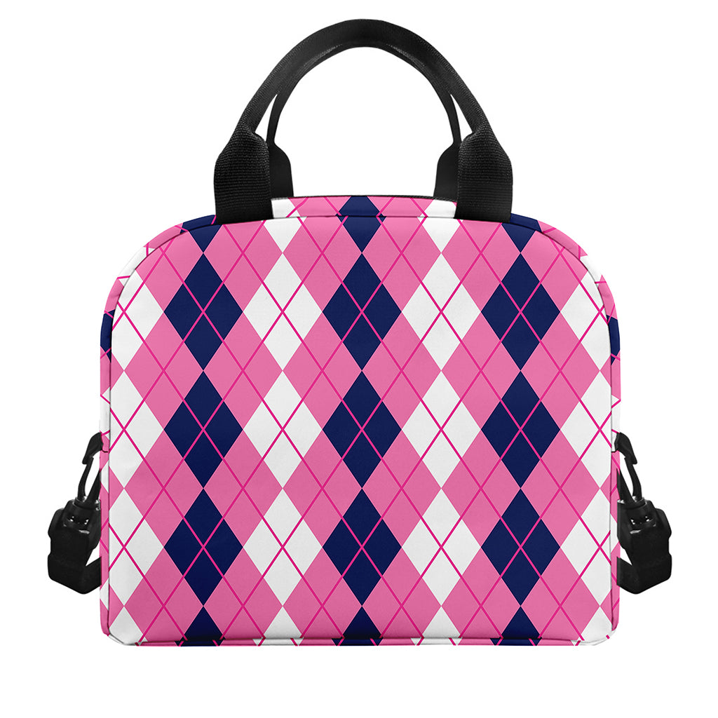 Pink White And Blue Argyle Pattern Print Insulated Lunch Bag