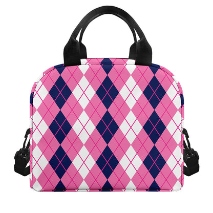 Pink White And Blue Argyle Pattern Print Insulated Lunch Bag
