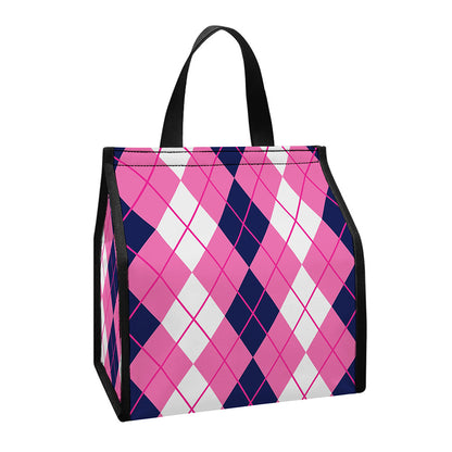 Pink White And Blue Argyle Pattern Print Insulated Lunch Tote