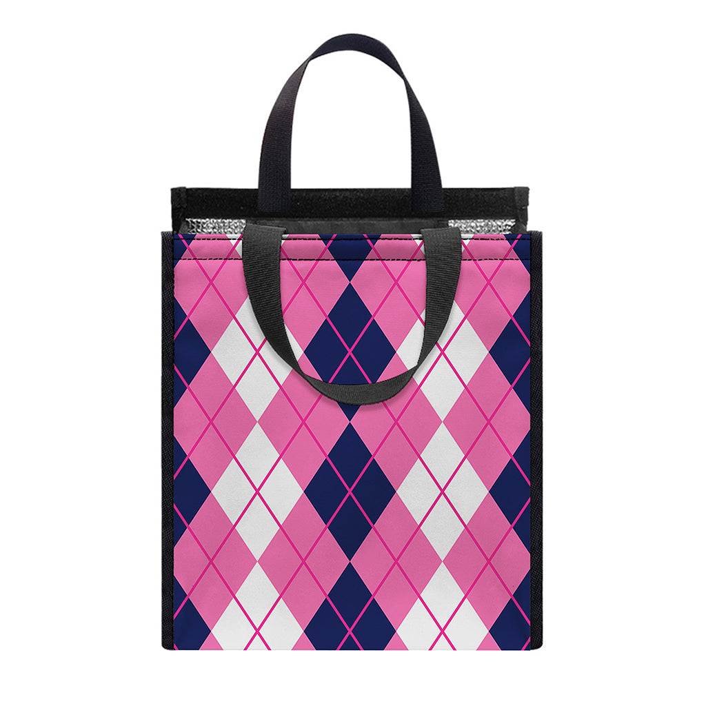 Pink White And Blue Argyle Pattern Print Insulated Lunch Tote