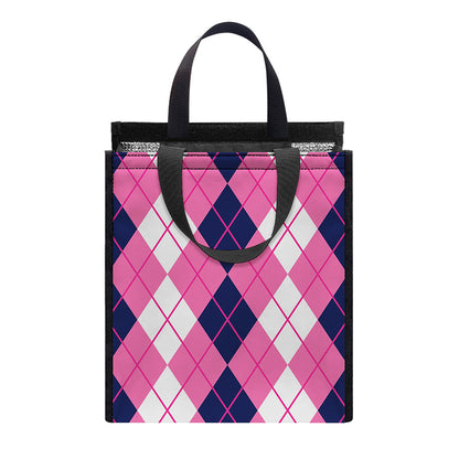 Pink White And Blue Argyle Pattern Print Insulated Lunch Tote