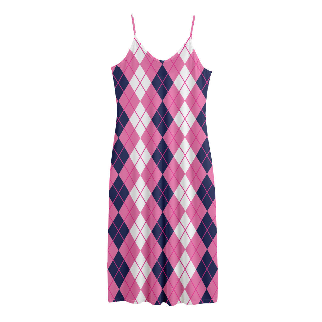 Pink White And Blue Argyle Pattern Print Jersey Midi Cami Dress