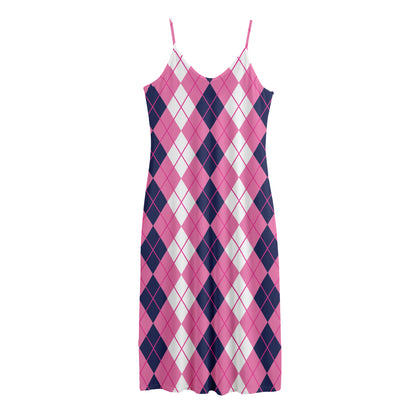 Pink White And Blue Argyle Pattern Print Jersey Midi Cami Dress