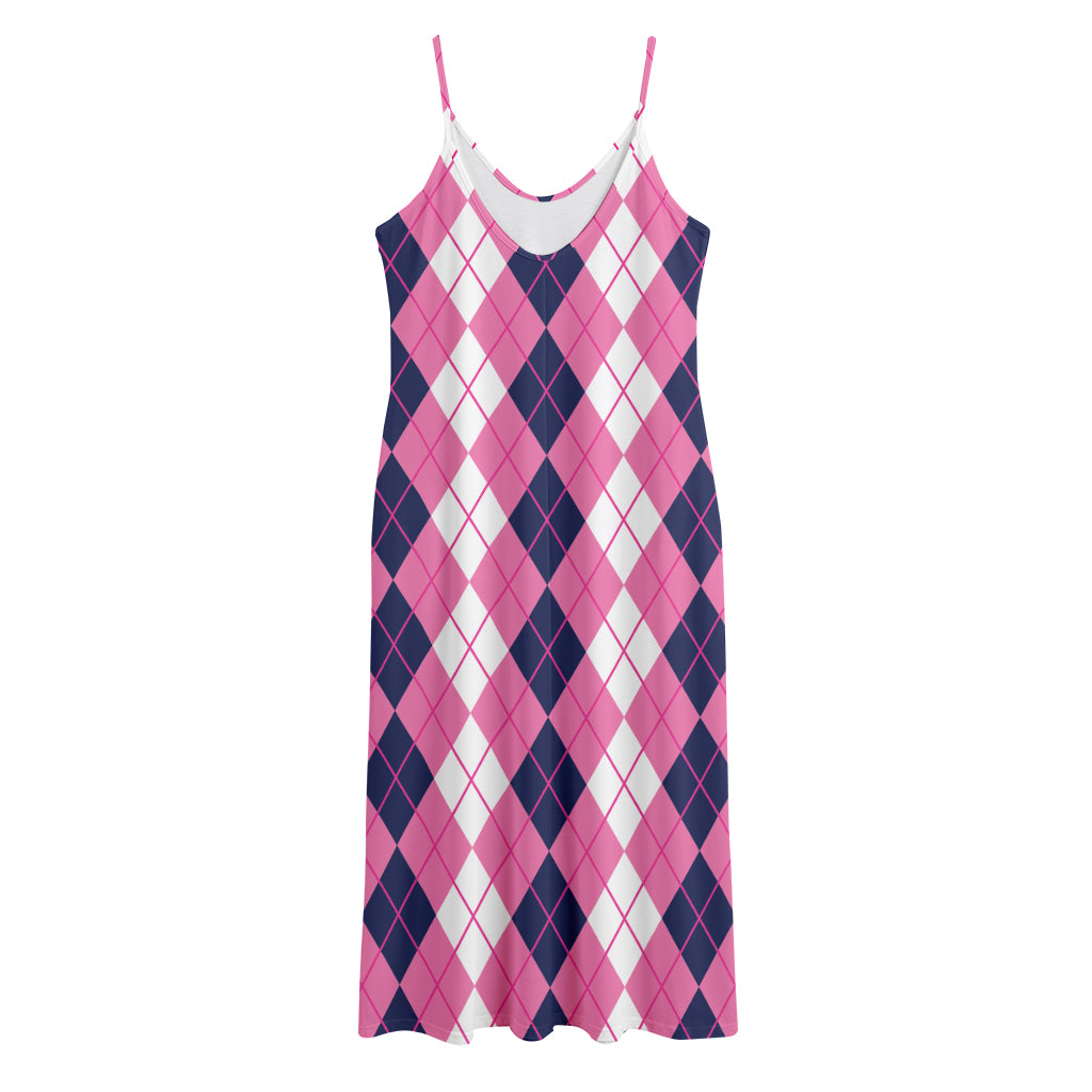 Pink White And Blue Argyle Pattern Print Jersey Midi Cami Dress