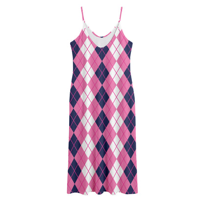 Pink White And Blue Argyle Pattern Print Jersey Midi Cami Dress