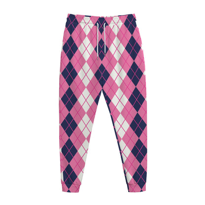 Pink White And Blue Argyle Pattern Print Jogger Pants