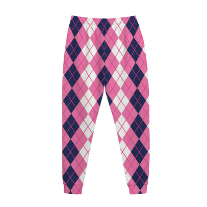 Pink White And Blue Argyle Pattern Print Jogger Pants