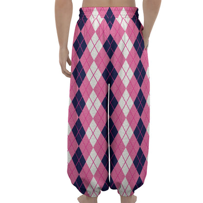 Pink White And Blue Argyle Pattern Print Lantern Pants