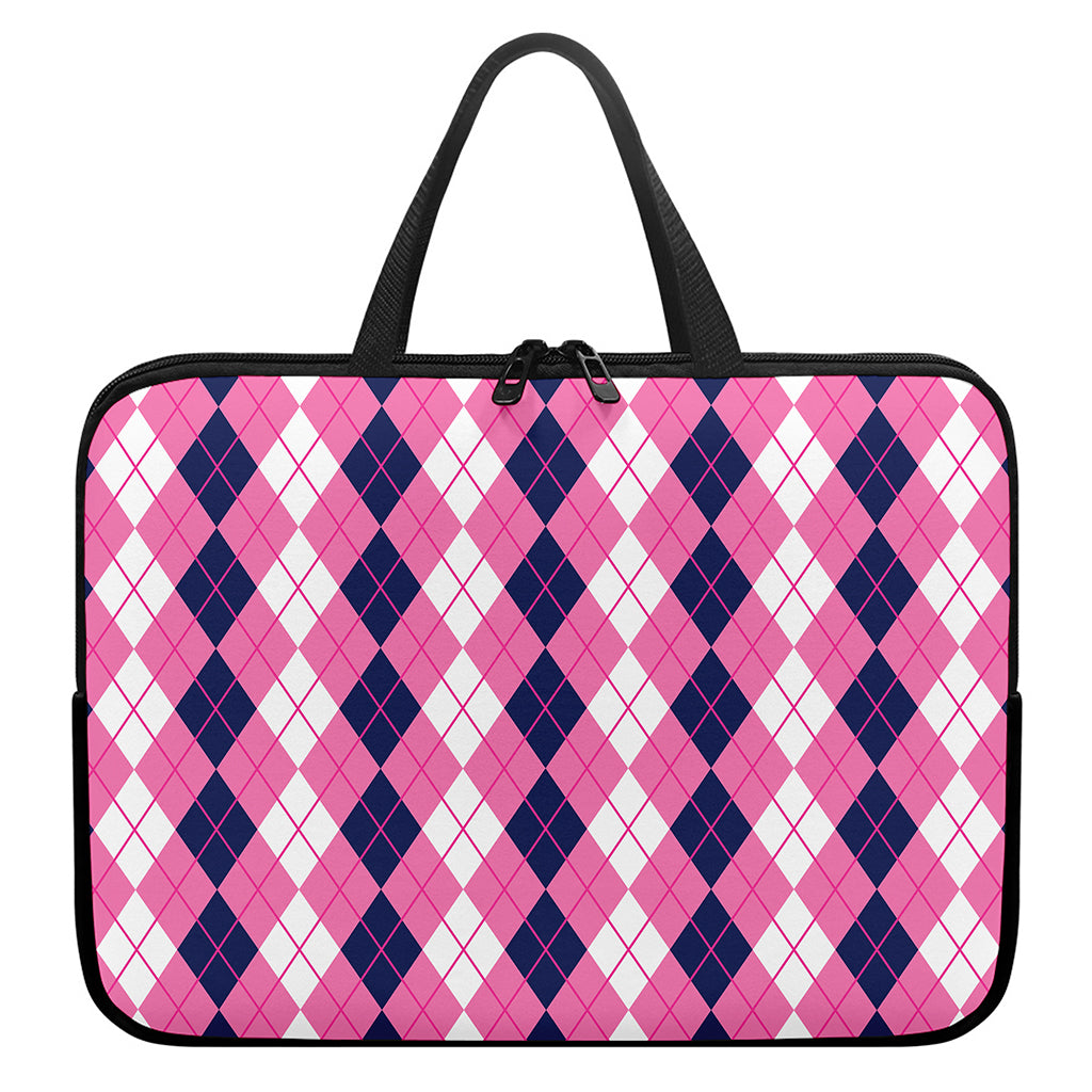Pink White And Blue Argyle Pattern Print Laptop Sleeve With Handle