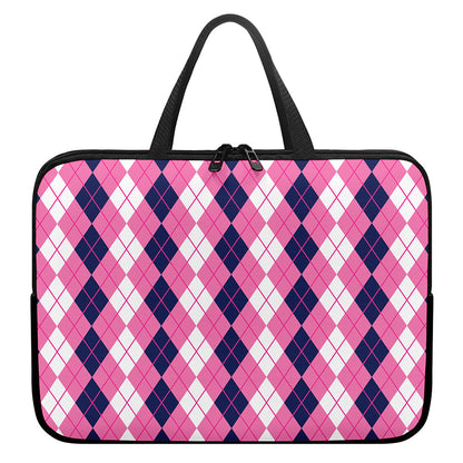 Pink White And Blue Argyle Pattern Print Laptop Sleeve With Handle