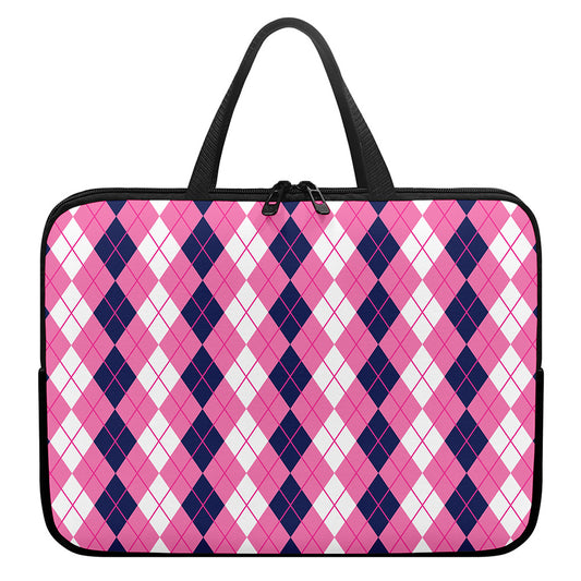 Pink White And Blue Argyle Pattern Print Laptop Sleeve With Handle
