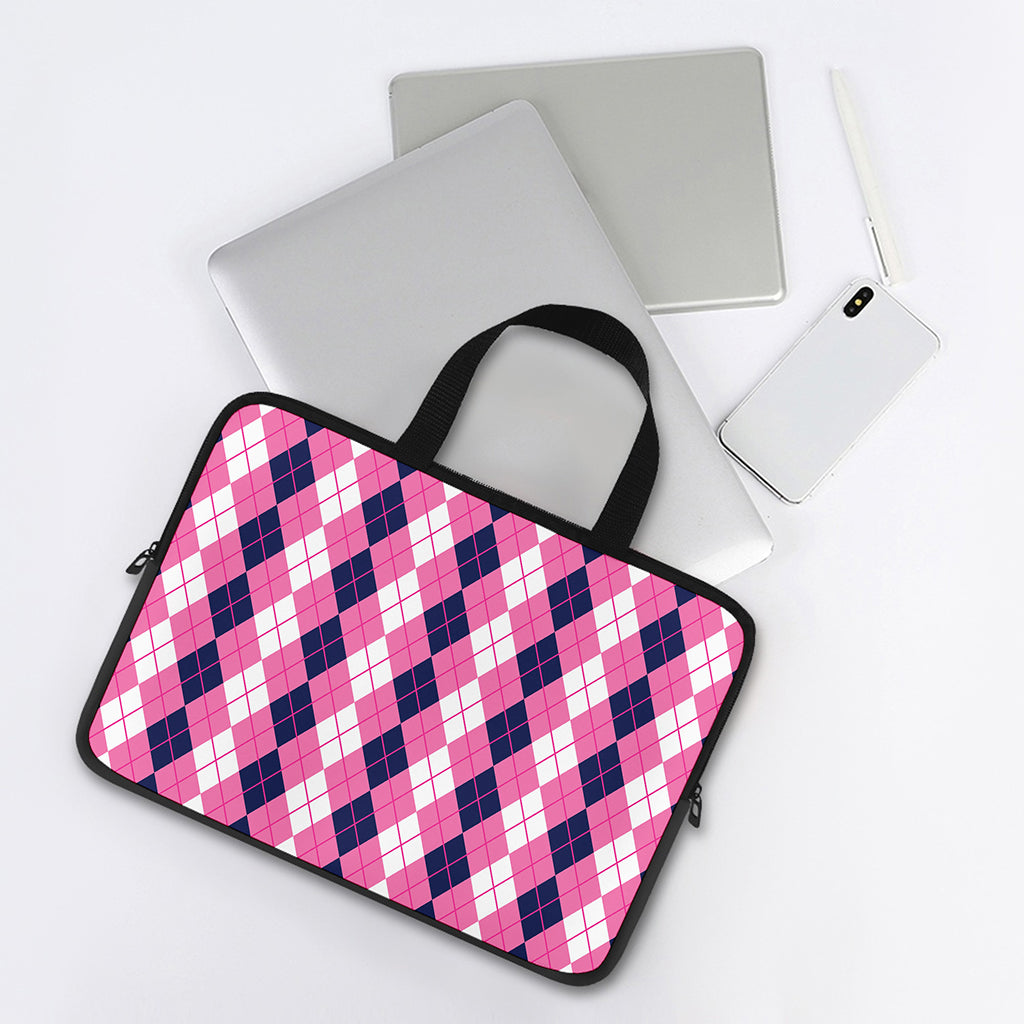 Pink White And Blue Argyle Pattern Print Laptop Sleeve With Handle