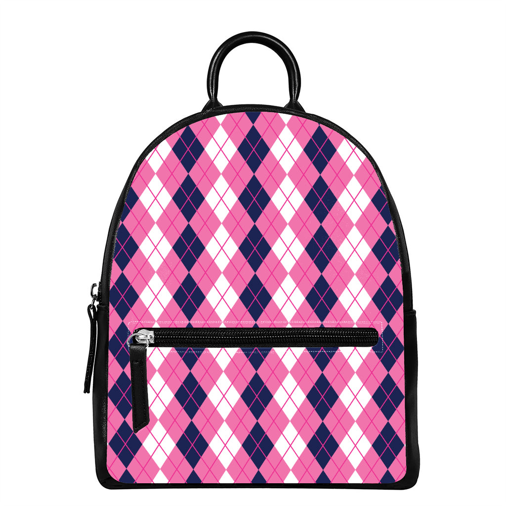 Pink White And Blue Argyle Pattern Print Leather Backpack