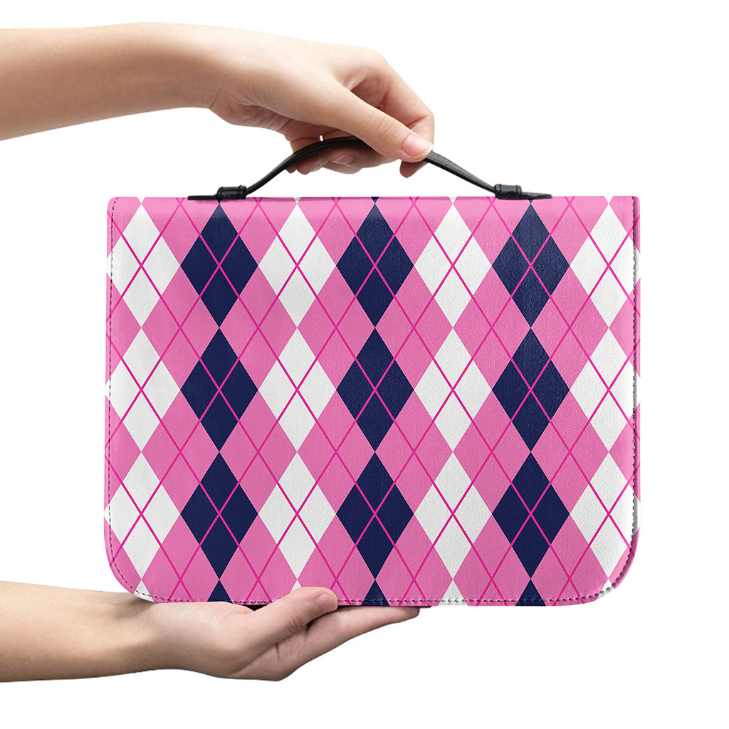 Pink White And Blue Argyle Pattern Print Leather Bible Cover