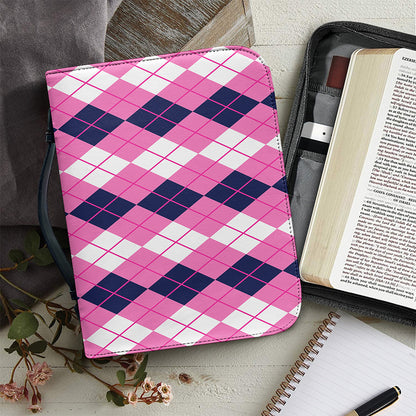 Pink White And Blue Argyle Pattern Print Leather Bible Cover