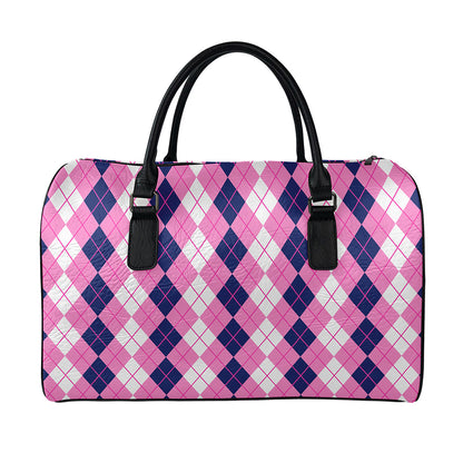 Pink White And Blue Argyle Pattern Print Leather Duffle Bag