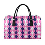 Pink White And Blue Argyle Pattern Print Leather Duffle Bag