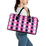Pink White And Blue Argyle Pattern Print Leather Duffle Bag