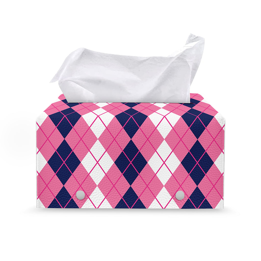 Pink White And Blue Argyle Pattern Print Leather Tissue Box Cover
