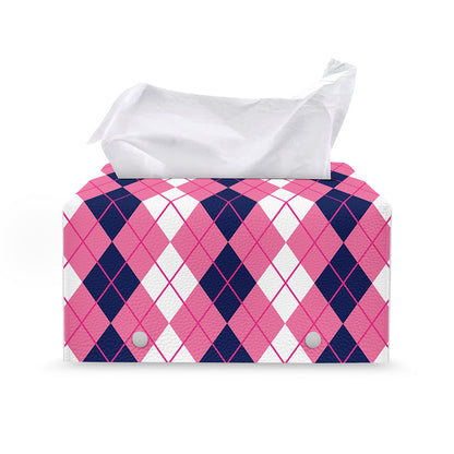 Pink White And Blue Argyle Pattern Print Leather Tissue Box Cover