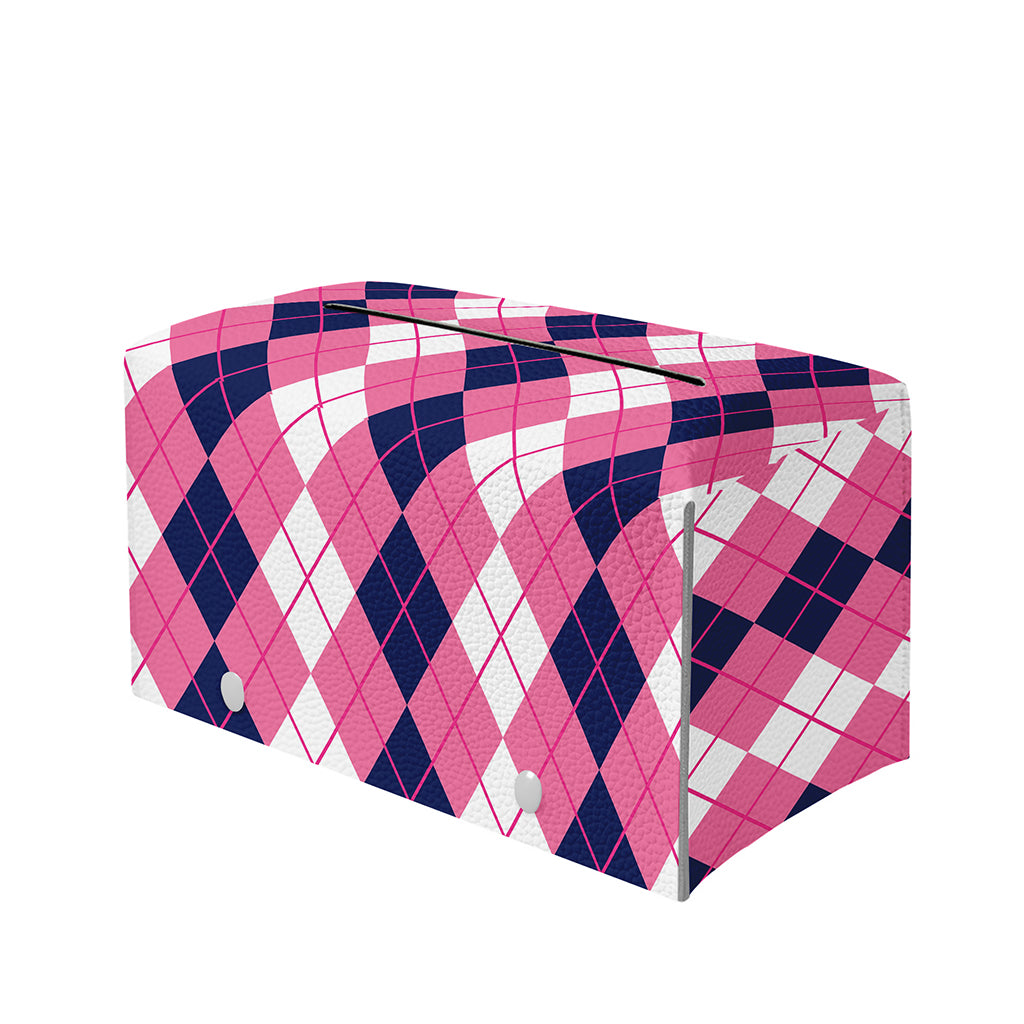 Pink White And Blue Argyle Pattern Print Leather Tissue Box Cover