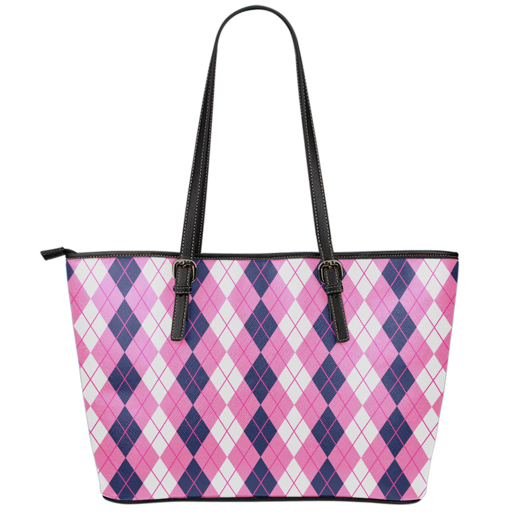 Pink White And Blue Argyle Pattern Print Leather Tote Bag