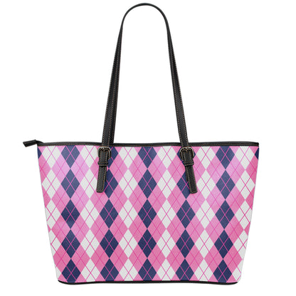 Pink White And Blue Argyle Pattern Print Leather Tote Bag