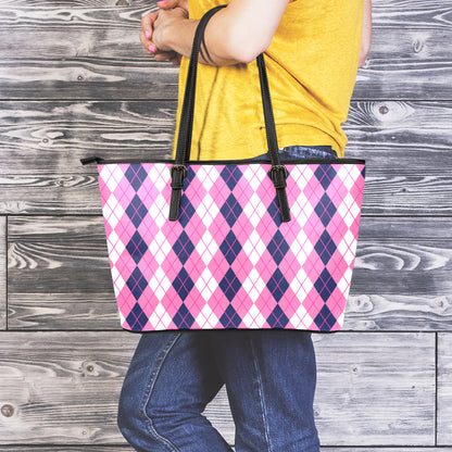 Pink White And Blue Argyle Pattern Print Leather Tote Bag