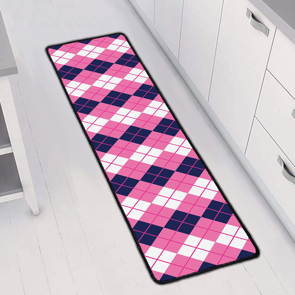 Pink White And Blue Argyle Pattern Print Long Kitchen Mat