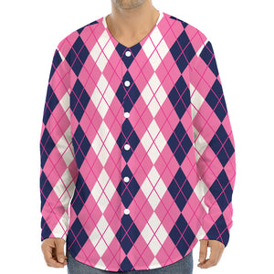 Pink White And Blue Argyle Pattern Print Long Sleeve Baseball Jersey