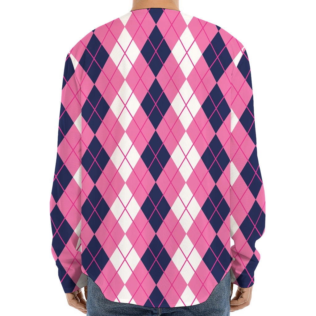 Pink White And Blue Argyle Pattern Print Long Sleeve Baseball Jersey