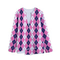 Pink White And Blue Argyle Pattern Print Long Sleeve Short Coat