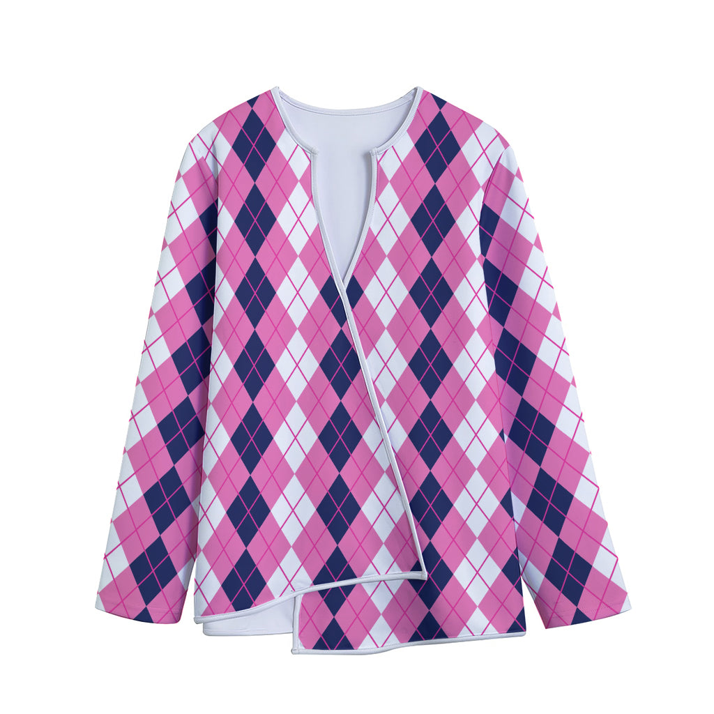 Pink White And Blue Argyle Pattern Print Long Sleeve Short Coat