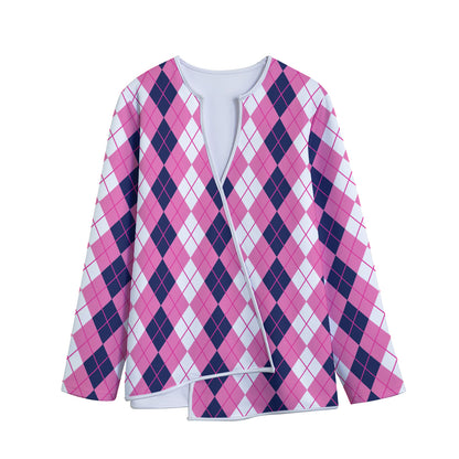 Pink White And Blue Argyle Pattern Print Long Sleeve Short Coat