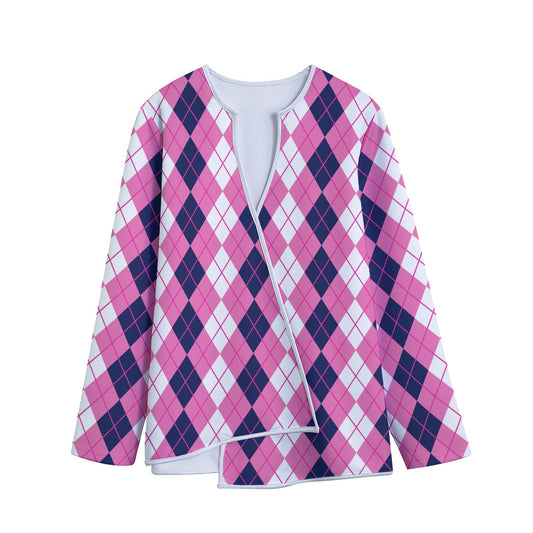 Pink White And Blue Argyle Pattern Print Long Sleeve Short Coat