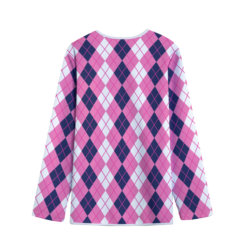 Pink White And Blue Argyle Pattern Print Long Sleeve Short Coat