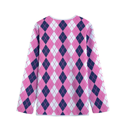 Pink White And Blue Argyle Pattern Print Long Sleeve Short Coat
