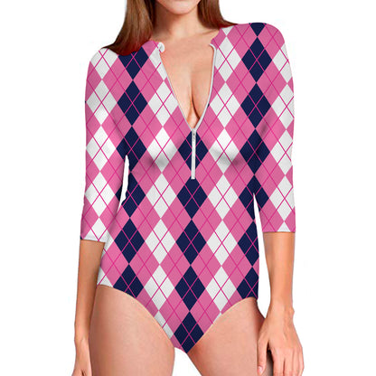 Pink White And Blue Argyle Pattern Print Long Sleeve Swimsuit