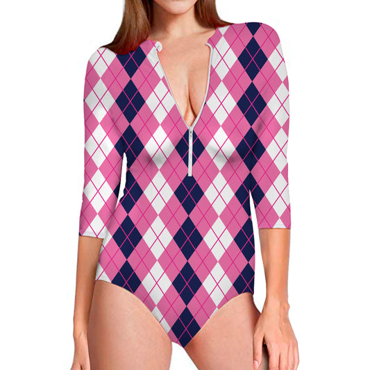 Pink White And Blue Argyle Pattern Print Long Sleeve Swimsuit