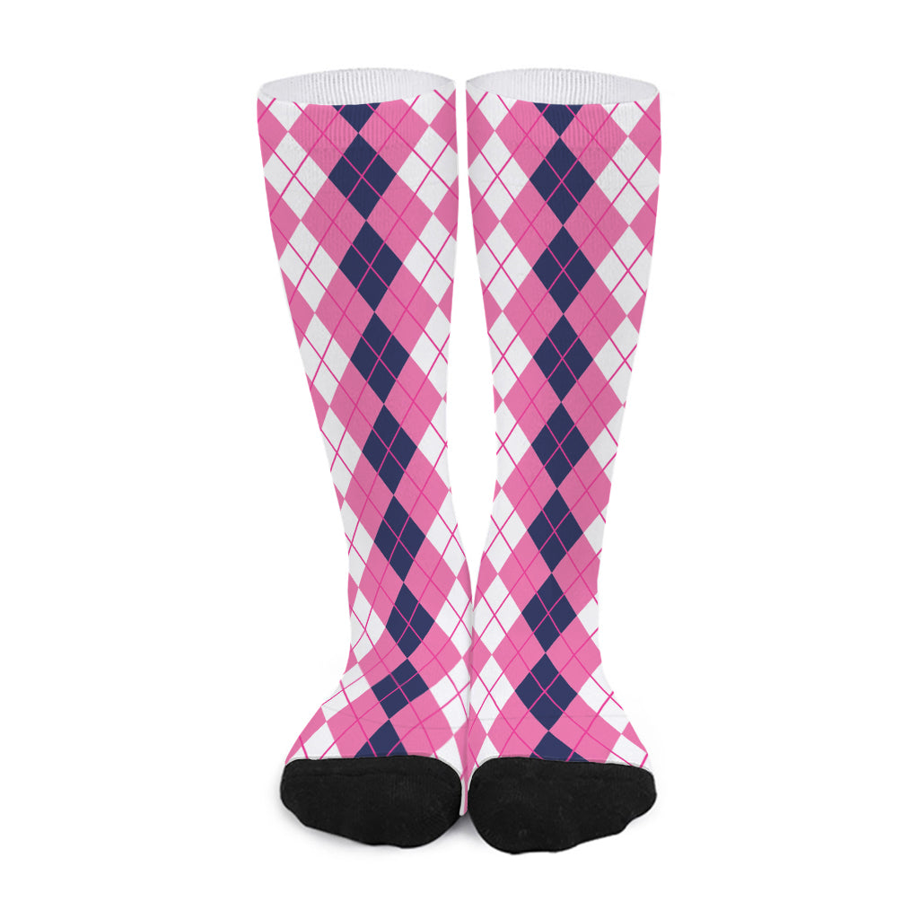 Pink White And Blue Argyle Pattern Print Long Socks