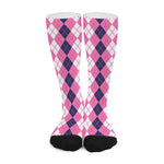 Pink White And Blue Argyle Pattern Print Long Socks