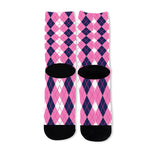 Pink White And Blue Argyle Pattern Print Long Socks