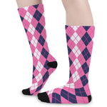 Pink White And Blue Argyle Pattern Print Long Socks