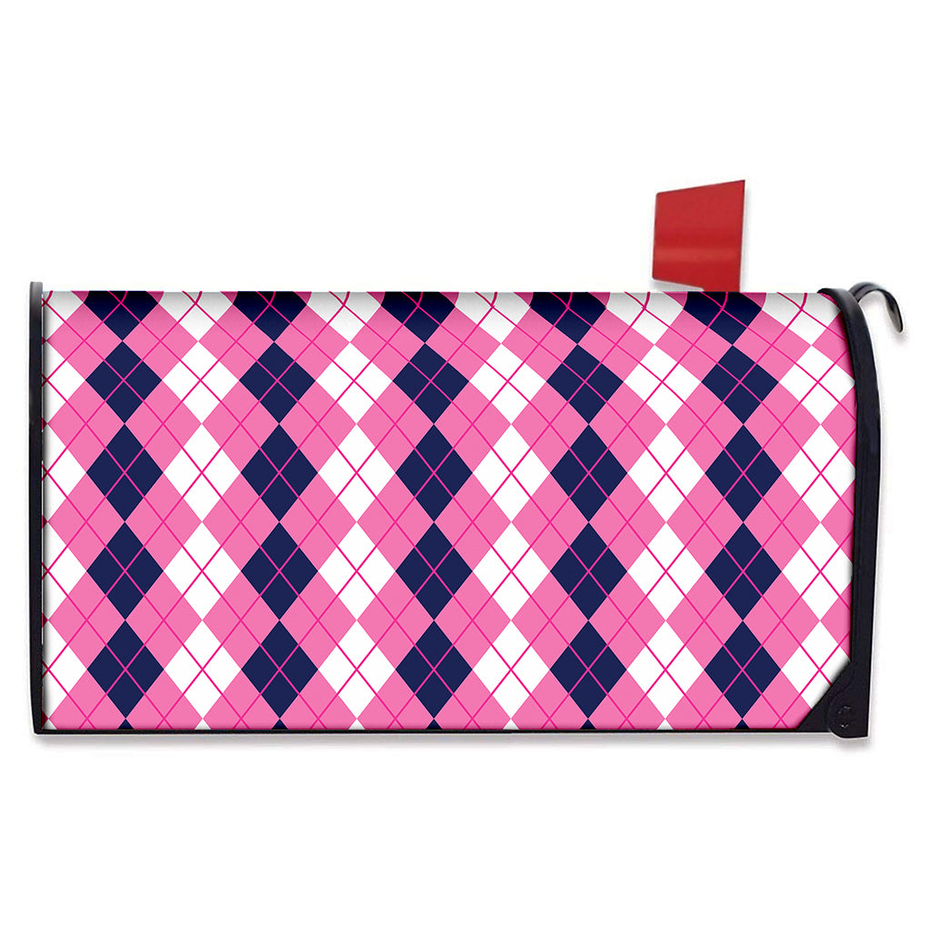 Pink White And Blue Argyle Pattern Print Mailbox Cover