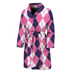 Pink White And Blue Argyle Pattern Print Men's Bathrobe