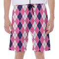 Pink White And Blue Argyle Pattern Print Men's Beach Shorts