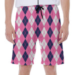 Pink White And Blue Argyle Pattern Print Men's Beach Shorts