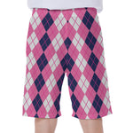 Pink White And Blue Argyle Pattern Print Men's Beach Shorts